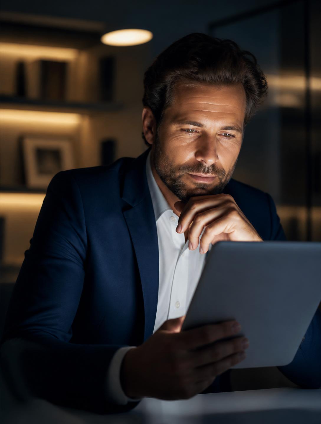 Business professional reviewing AI strategy on a tablet